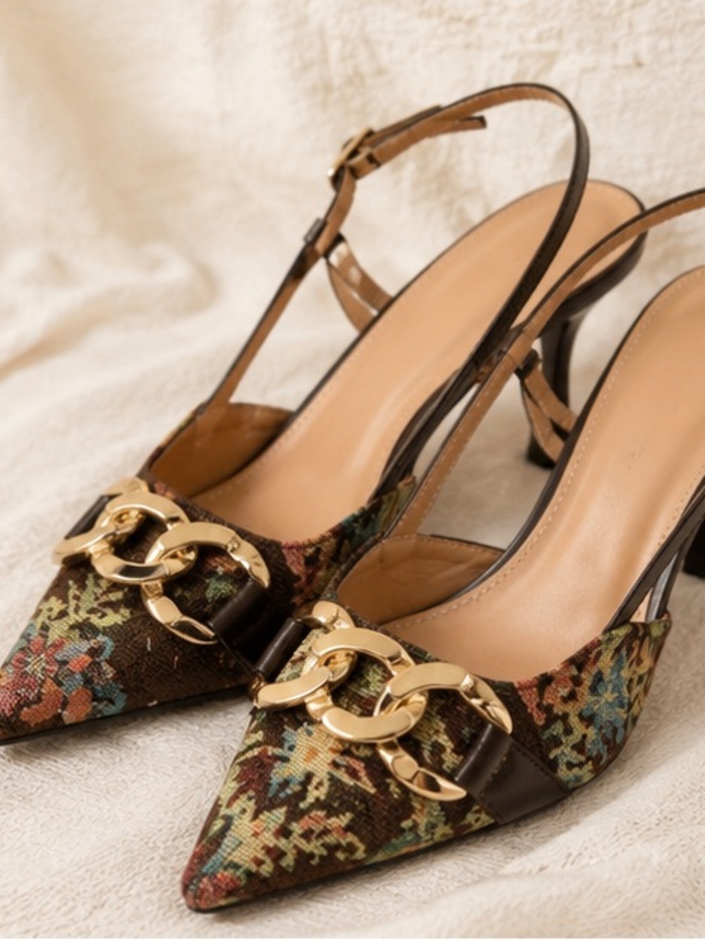 Boho Jacquard Slingback Heels Pointed Toe Gold Chain Pumps